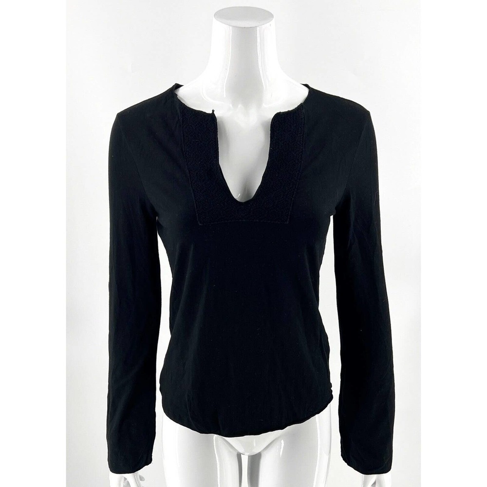 J Crew Top Size Small Black Bell Sleeve Crochet Lace Split Neck Shirt Womens